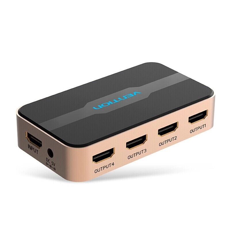 Сплиттер HDMI Vention ACCG0-EU <1 In 4 Out HDMI Splitter 4K@30Hz Gold Aluminum Alloy Type EU Stand>