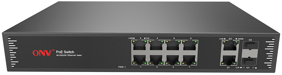 Коммутатор PoE  8-портовый ONV POE31128PF  <8*10/100Mbps PoE, 2*10/100/1000M uplink RJ45 ports and 2