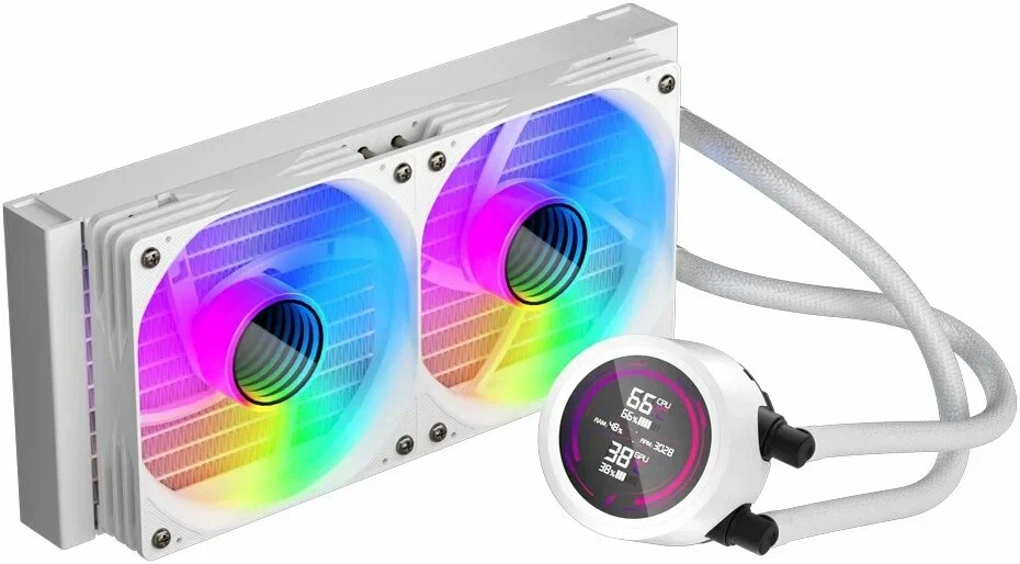 Кулер с водяным охлаждением, 1STPLAYER, TS4 240 WHITE, TS4-240-WH, intel 1151/1200/1700/1851 и amd AM4/AM5, TDP 250W, 2*120 мм, 600-2200 об/мин, 77 CF