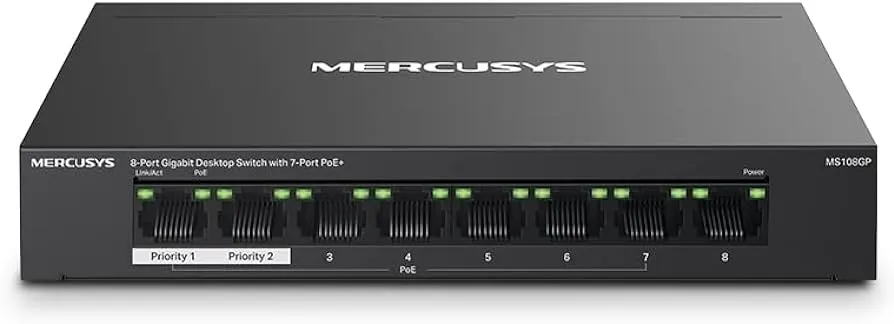 Коммутатор PoE+ GbE  8-портовый Mercusys MS108GP <8  портов GbE (Порт 1- Порт 7 PoE IEEE 802.3af/at)