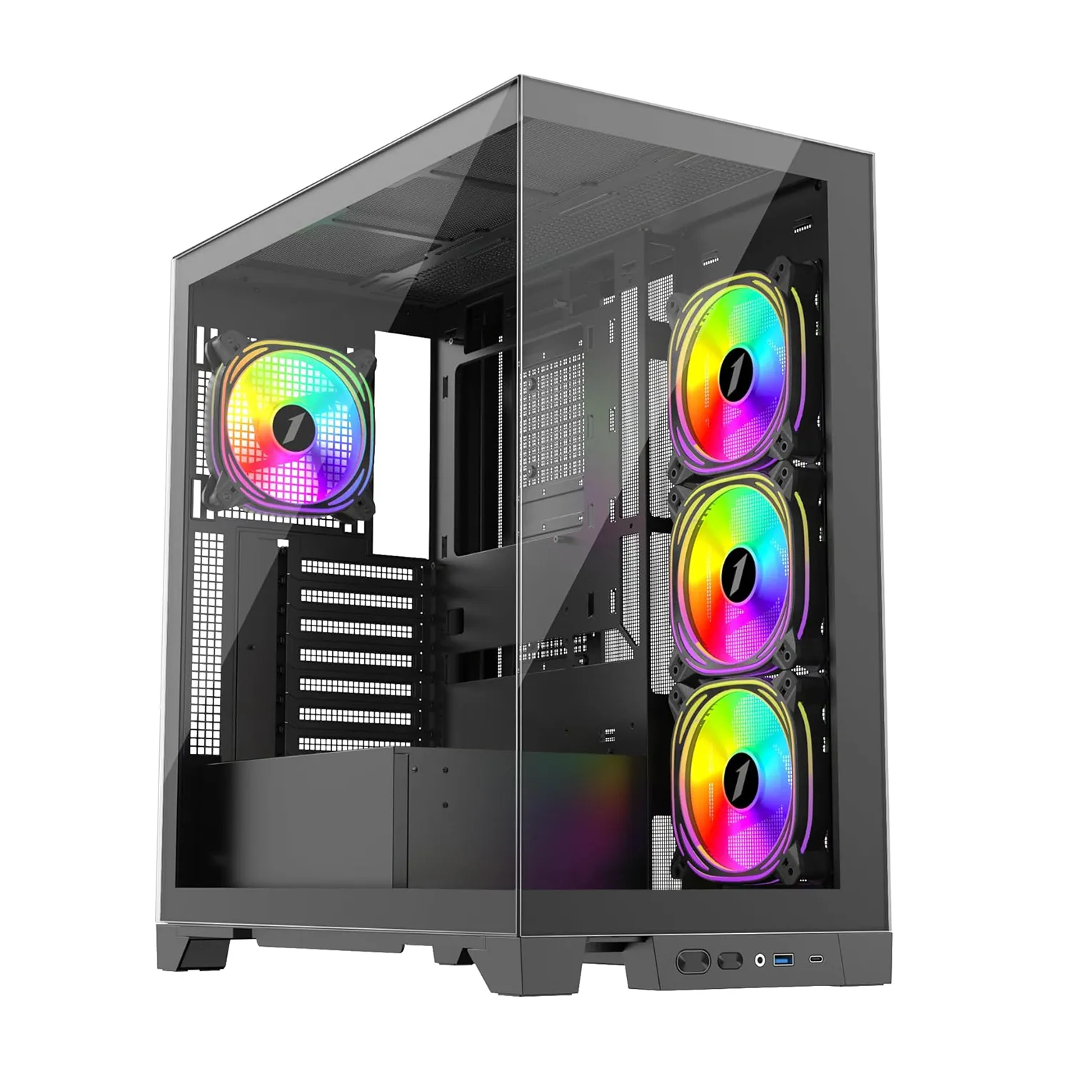 Корпус 1STPLAYER, Mi8-BK-3FBR-1FB-C2, Mid-Tower, ATX/M-ATX/M-ITX, USB3.0*1, Type C*1, HD AUDIO/Mic, 4*120мм FB вентилятор, Высота процессорного кулера