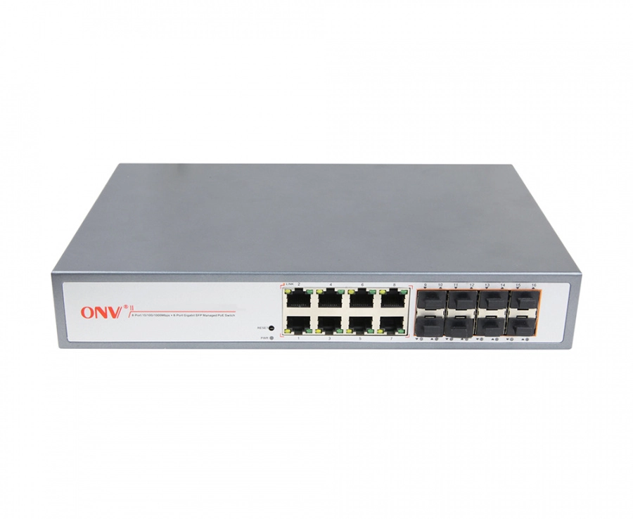 Коммутатор оптоволоконный управляемый 16-портов ONV33168FM <1U Rack 8-портов GbE SFP/ 8 портов GbE RJ45, STP 802.1, RSTP 802.1w, G.8032 ERPS less 50ms