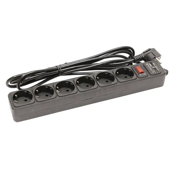 Сетевой фильтр SMART SM-06BU-3M <XH-EU06K-3M, черный, 10А, выключатель, 6роз, 3м, EU розетка, 2*USB>