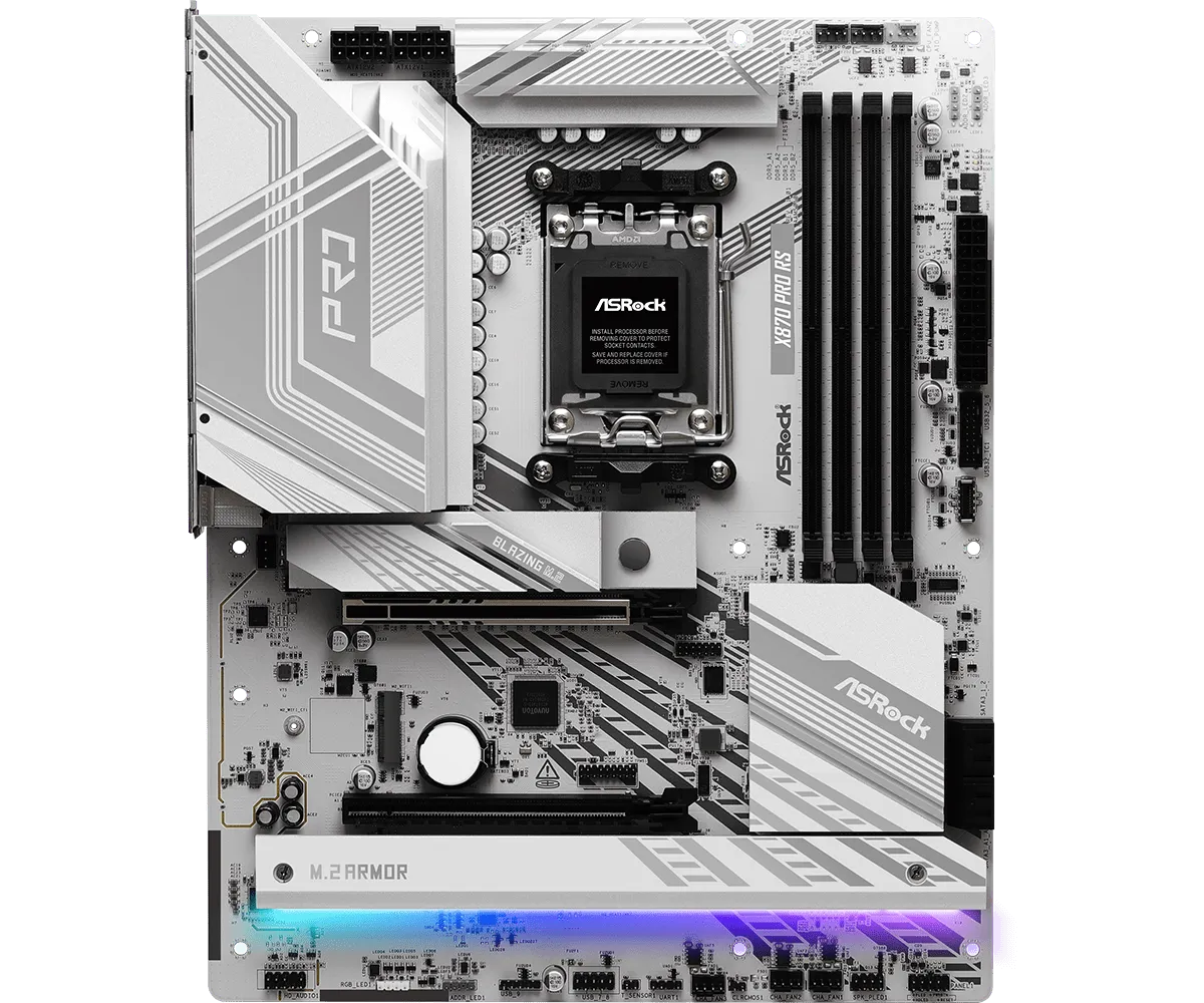 Мат.плата AMD ASRock X870 PRO RS, AM5, X870, 4xDDR5 8000+(OC), 2xSATA3, 3xM.2 (2*PCIe Gen4x4, 1*PCIe Gen3x4 & SATA), 1xHDMI, 2xPCI-Ex16, ATX (3 года)