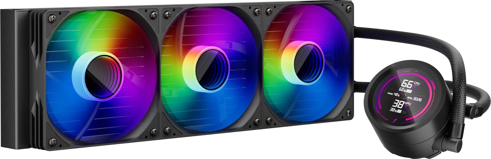 Кулер с водяным охлаждением, 1STPLAYER, TS4 360 BLACK, TS4-360-BK, intel 1151/1200/1700/1851 и amd AM4/AM5, TDP 300W, 3*120 мм, 600-1800 об/мин, 77 CF