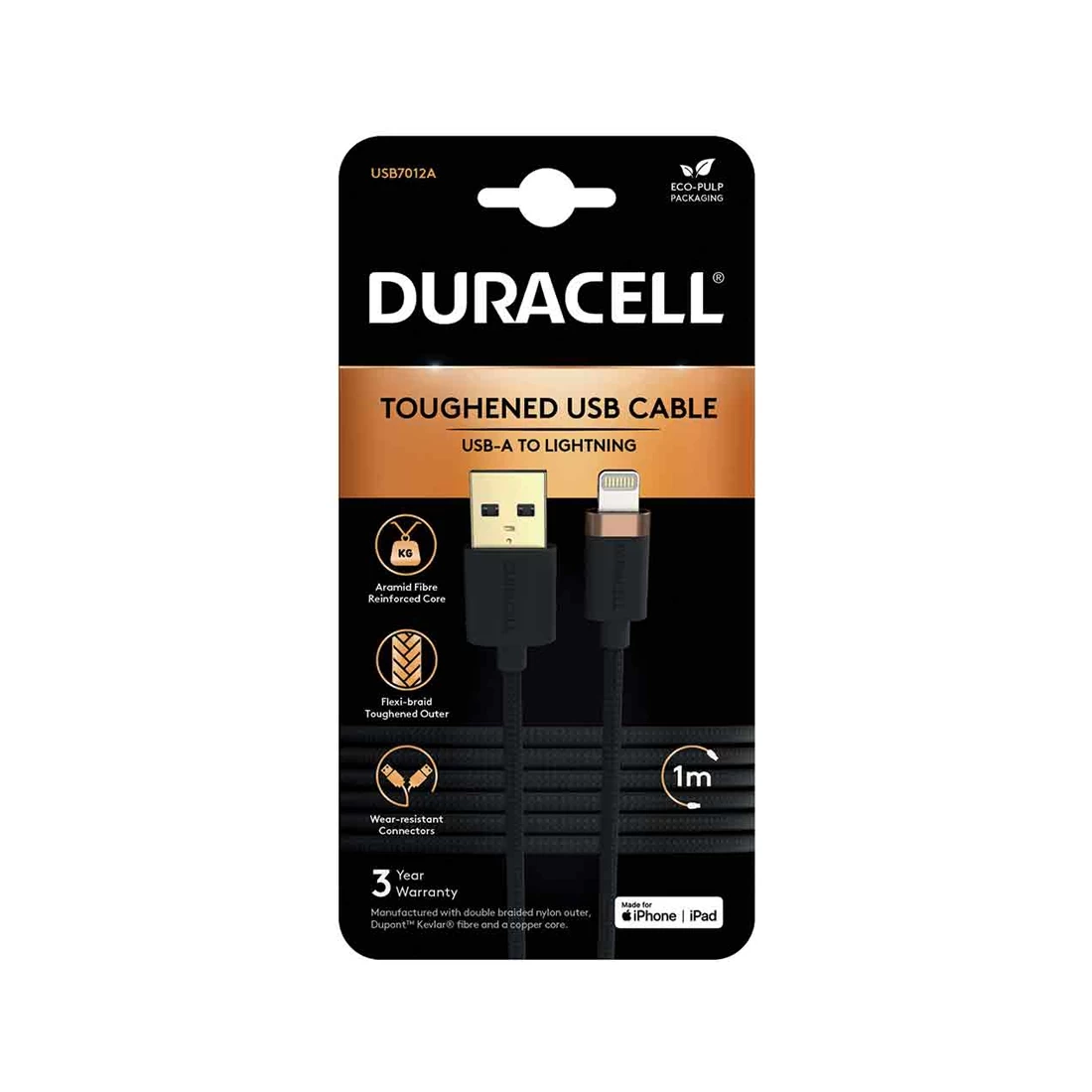 Интерфейсный кабель, Duracell, USB7012A, USB-A на Lightning, MFI, Кевлар, 3A/5V, Скорость передачи данных 480 Мбит/с, 1 м, Чёрный