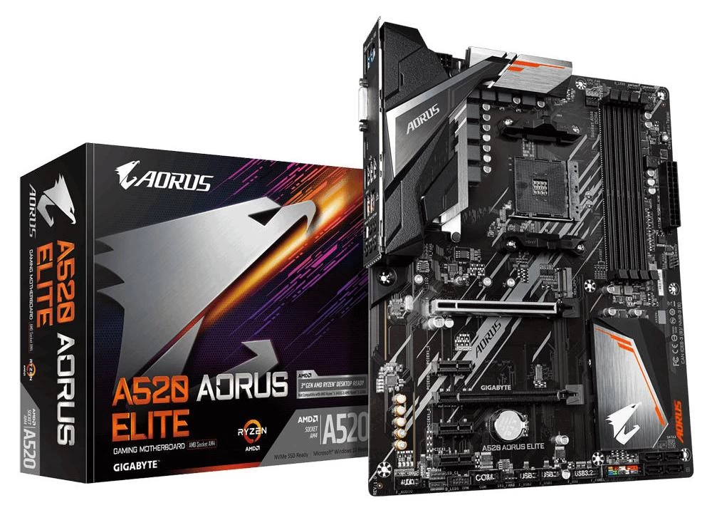 Мат.плата AMD Gigabyte A520 AORUS ELITE ,(DVI+HDMI, SB, GNIC) 4DDR4, 2PCIx16,3PCIx1