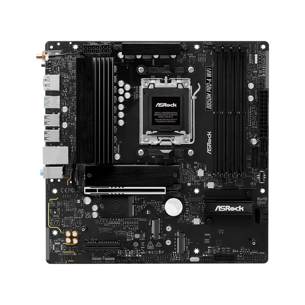 Мат.плата AMD ASRock B850M PRO-A WIFI, AM5, B850, 4xDDR5 8000+(OC), 4xSATA3, 3xM.2 (1*PCI-E 5.0x4, 2*PCI-E 4.0x4), Raid, 1xDP, 1xHDMI, 1xPCI-Ex16, 1xP
