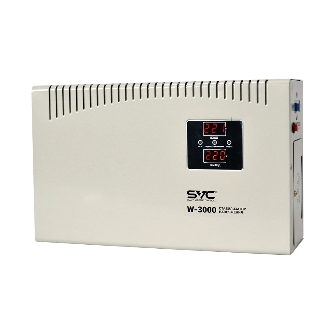 Стабилизатор (AVR), SVC, W-3000, Мощность 3000ВА/3000Вт, LED-дисплей, Диапазон работы AVR: 140-260В, Вых.: 220В+/-7%, Клеммная колодка, Габариты: 380*