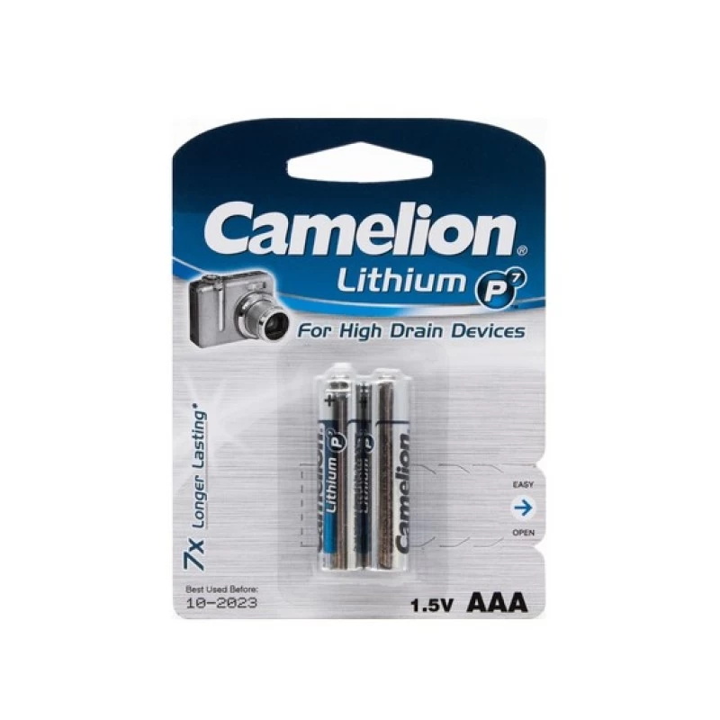 Батарейка, CAMELION, FR03-BP2, Lithium P7, AAA, 1,5V, 1250 mAh, 2 шт,, Блистер
