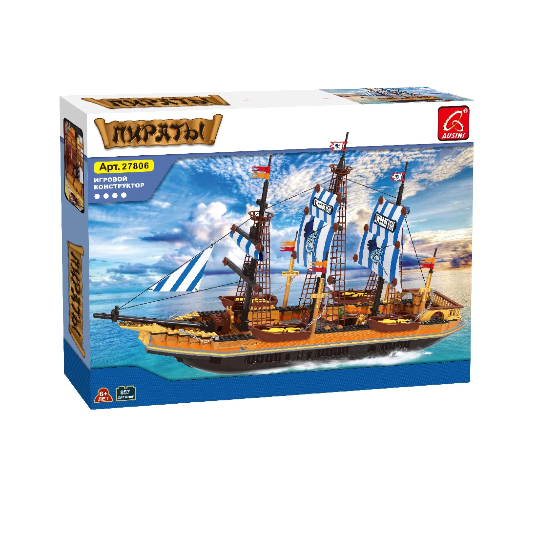 Игровой конструктор, Ausini, 27806, Пираты, Парусный фрегат "Рыба-меч", 857 деталей, Цветная коробка
