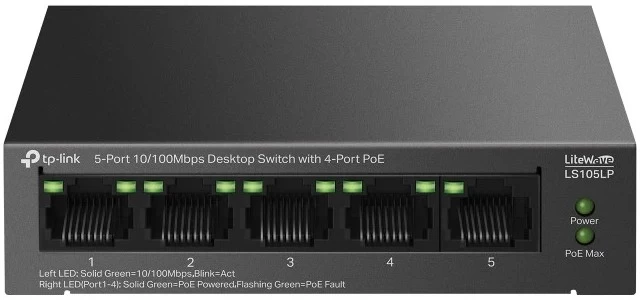 Коммутатор PoE+  5-портовый  TP-Link LS105LP <5 портов 10/100M (Порт1- Порт4 PoE IEEE 802.3af/at), бюджет мощности PoE 41W, дальность передачи данных 