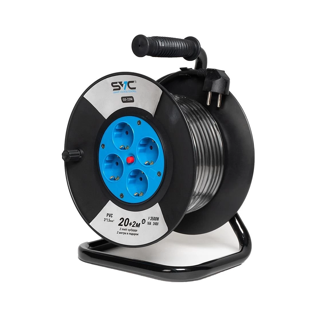 Удлинитель на катушке, SVC, GS-22M, 4 розетки, 22 метров, 3500W, 240В, 16A, 3x1.5mm?, Защита от дете