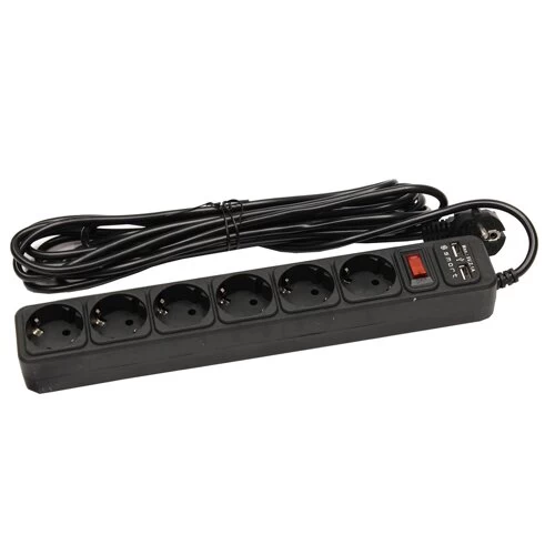 Сетевой фильтр SMART SM-06BU-5M <XH-EU06K-5M, черный, 10А, выключатель, 6роз, 5м, EU розетка, 2*USB>