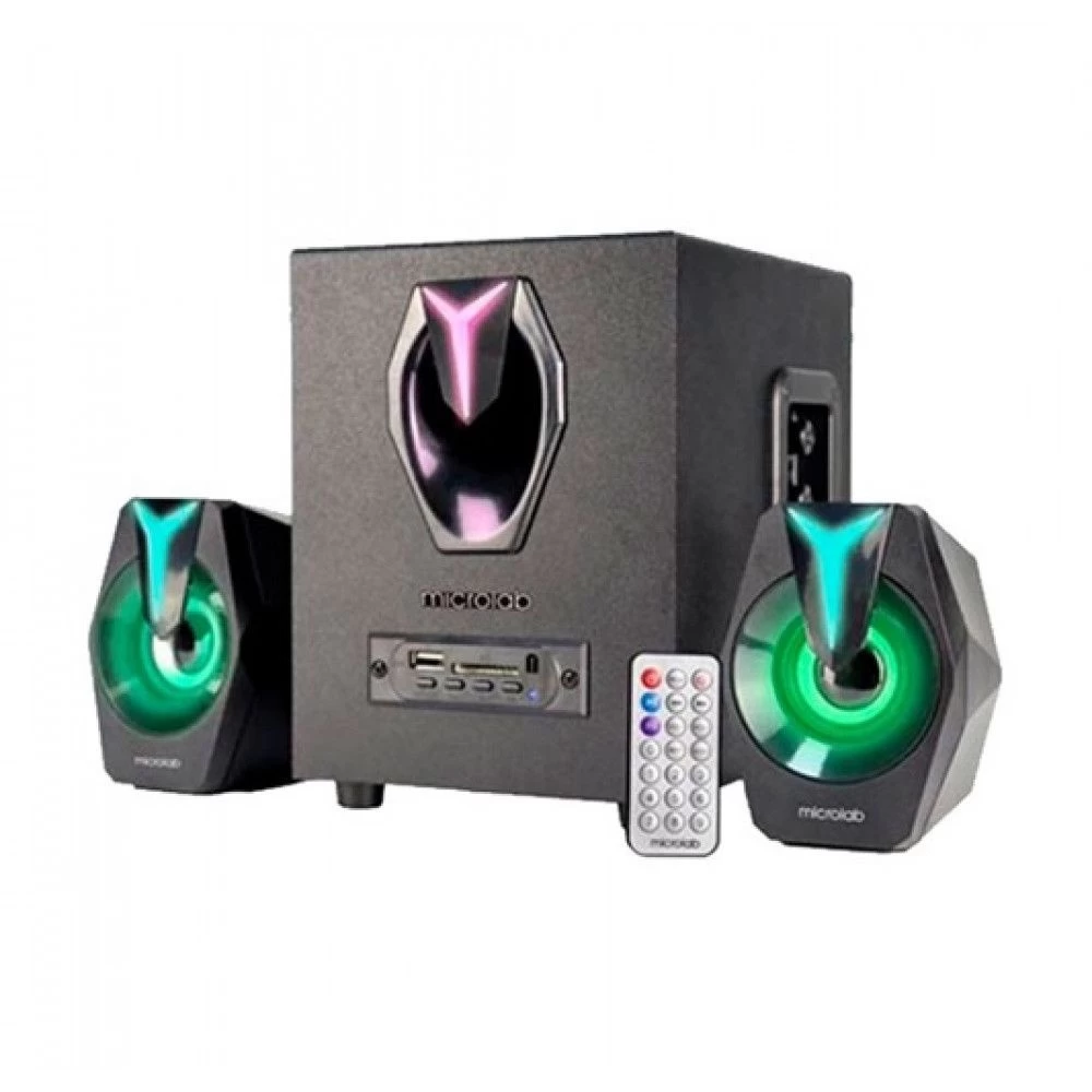 Колонки Microlab, G100BT, 2.1, Bluetooth 5,0, FM радио, LED подсветка, 6 цветов, 20 Гц - 20 кГц, 3,5 мм, USB, SD-карта, Черный 