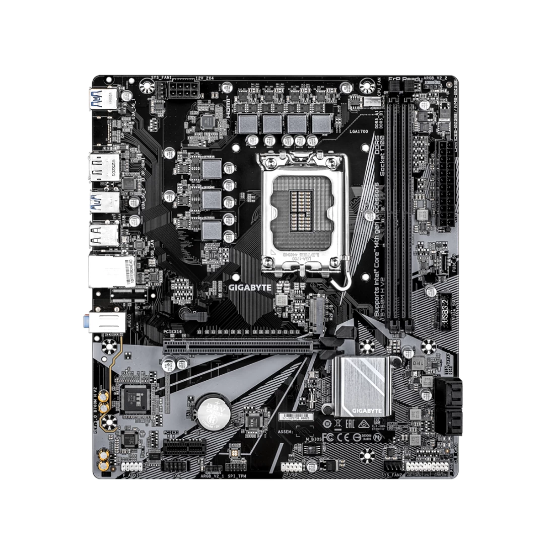Мат.плата Gigabyte B760M H V2, LGA1700, iB760, 2xDDR5 4000/4800/8000(OC), 4xSATA3, 1xM.2 (PCI-E 4.0x4/x2), Raid, 1хDP, 1xHDMI, 1xPCI-Ex16, 1xPCI-Ex1, 