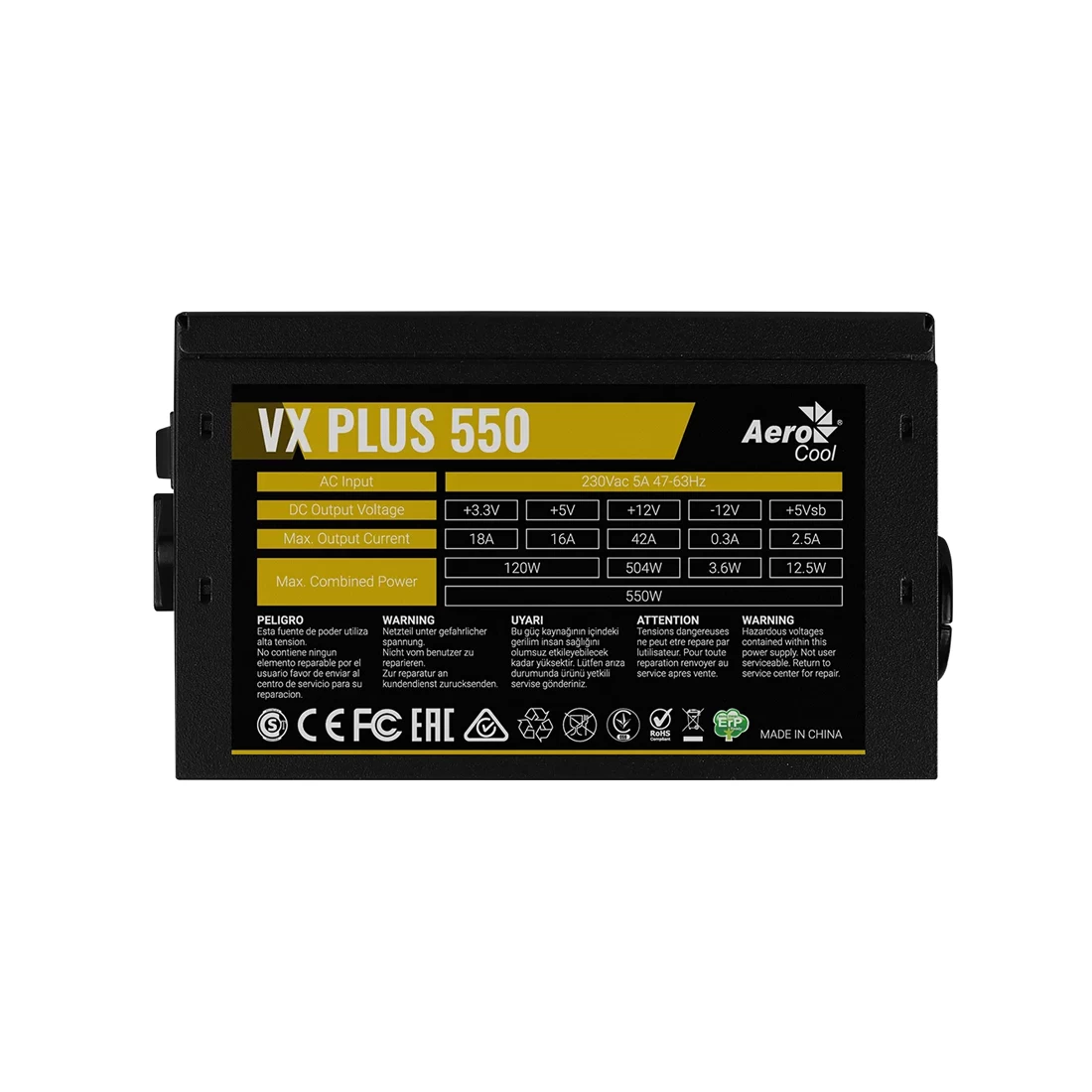 Блок питания, Aerocool, VX PLUS Stealth 550, 550W, ATX, None-PFC, 20+4pin, 4+4pin, 3*Sata, 3*Molex, 1*FDD, 1*PCI-E 6+2pin, Вентилятор 12см, Кабель пит