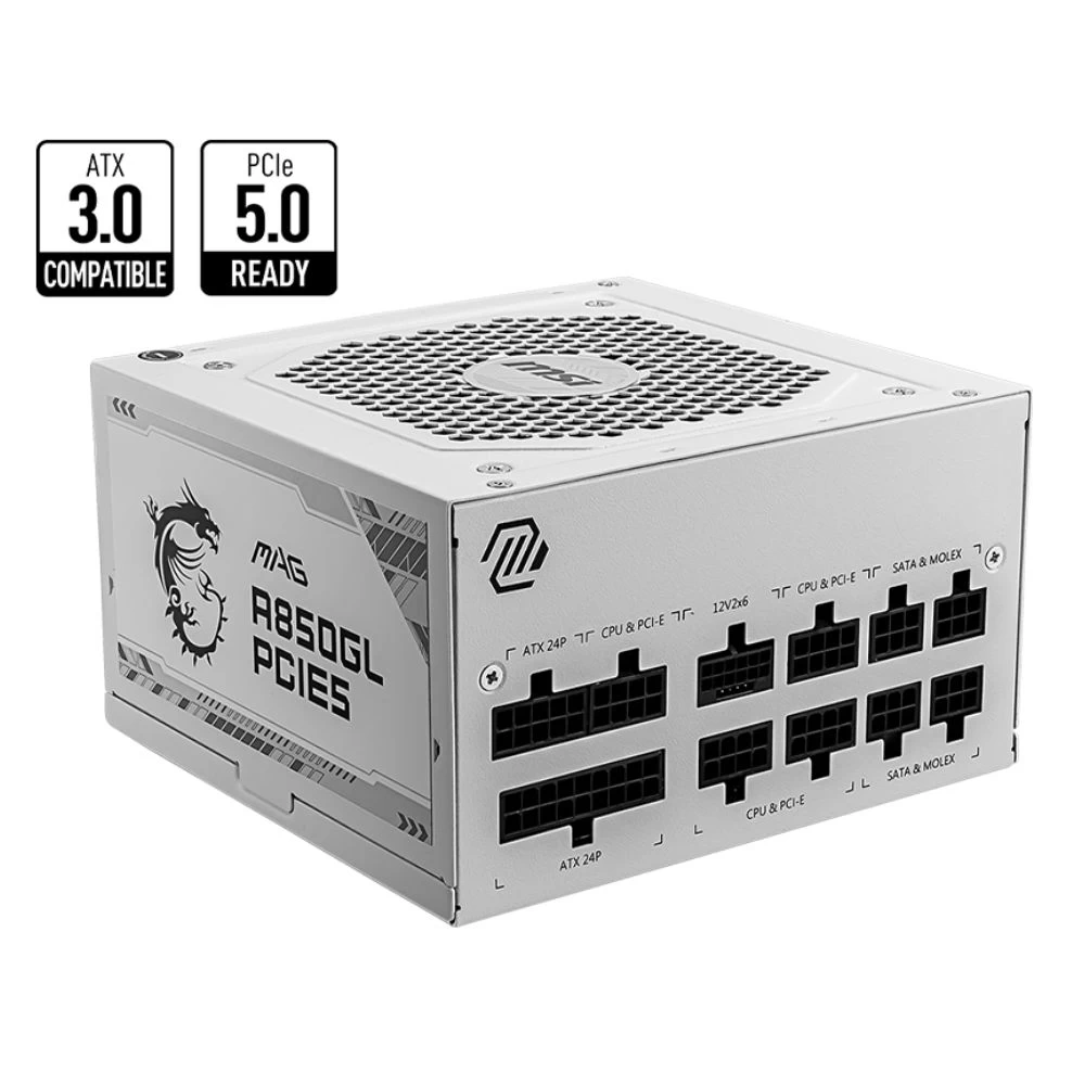 Блок питания MSI MAG A850GL PCIE5 WHITE, 850W, Active PFC, 80+ GOLD, Full Modular, Поддержка видеока