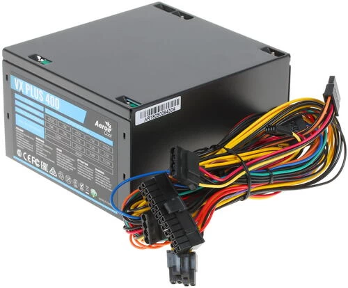Блок питания Aerocool, VX PLUS Stealth 400, 400W, ATX, None-PFC, 20+4pin, 4+4pin, 2*Sata, 2*Molex, 1*FDD, 1*PCI-E 6pin, Вентилятор 12см, Кабель питани